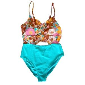 🆕 Blu C Swimsuit Womens XL Blue Floral One Piece Bathing Suit Retro 70’s NEW NWT